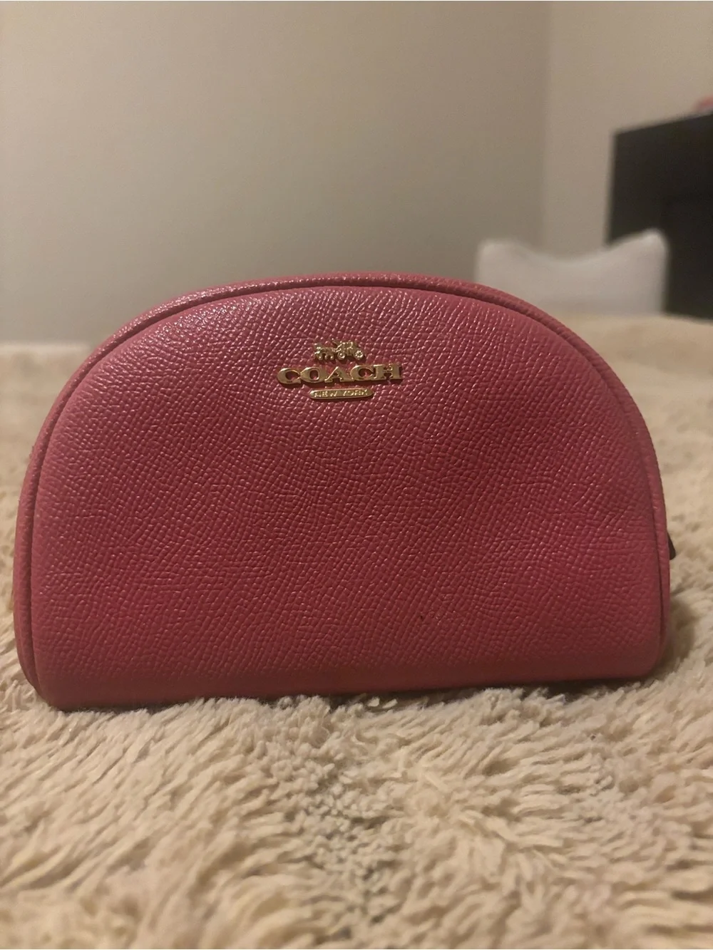 Coach Pink Saffiano Leather Dome Cosmetic Case with Gold Logo